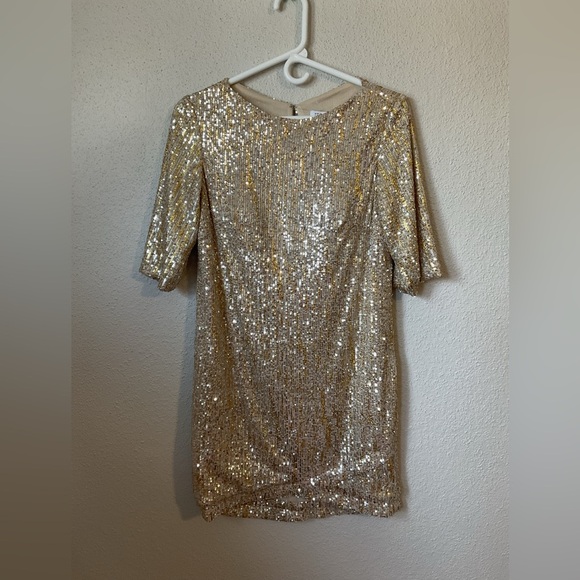 Ieena Mac Duggal Bateau Neckline Sequin Sheath Dress Gold Sparkle Size 2 - Picture 5 of 11